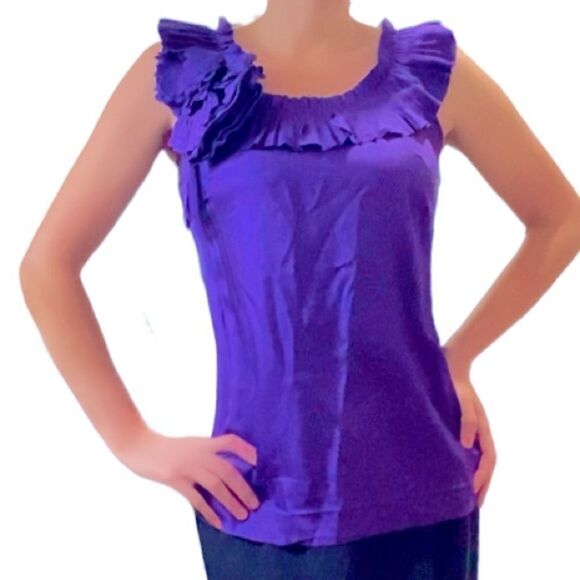 𝅺🌷J Crew🌷 100% Silk Sleeveless Top With Ruffle Flower Bow Accent    - Picture 1 of 7